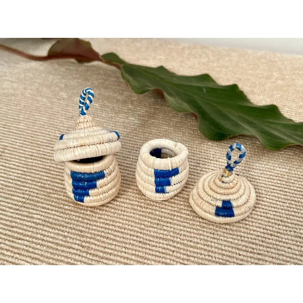 African Woven Baskets Pair Boho Hanging Jewelry Ring Box Tan Blue Rattan